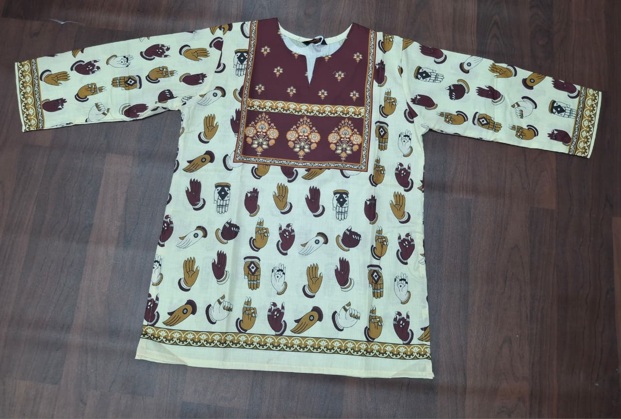 White & Mustard Botanical Leaf Ethnic Print 3/4 Sleeve Kurti | Miss Kapachi