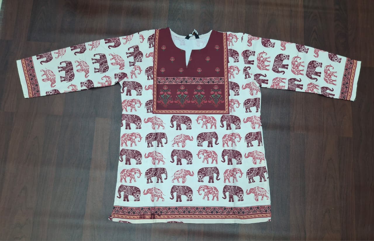 White & Maroon Elephant Parade Ethnic Print Full Sleeve Kurti | Miss Kapachi