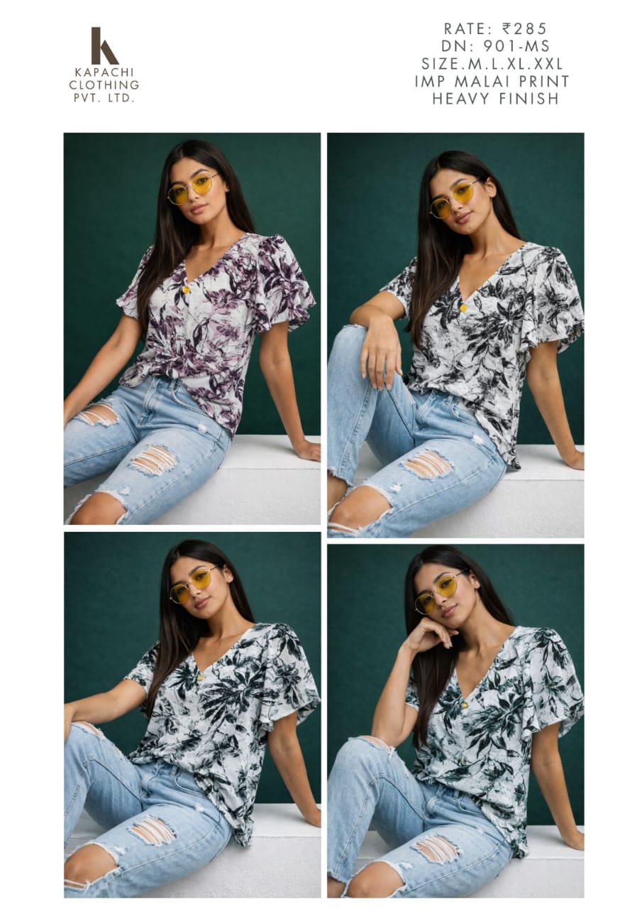 Tropical Print Malai Top | V-Neck Flutter Sleeve Women's Casual Top | Miss Kapachi