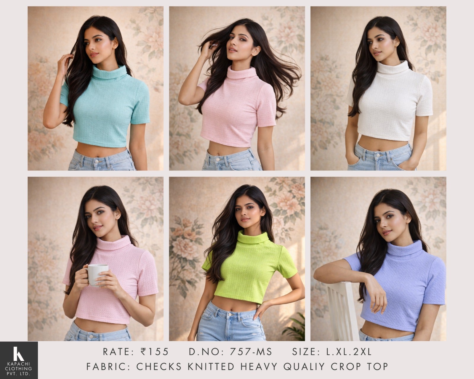 Checks Knit Crop Top | Turtle Neck Short Sleeve Women's Cropped T-Shirt  | Miss Kapachi