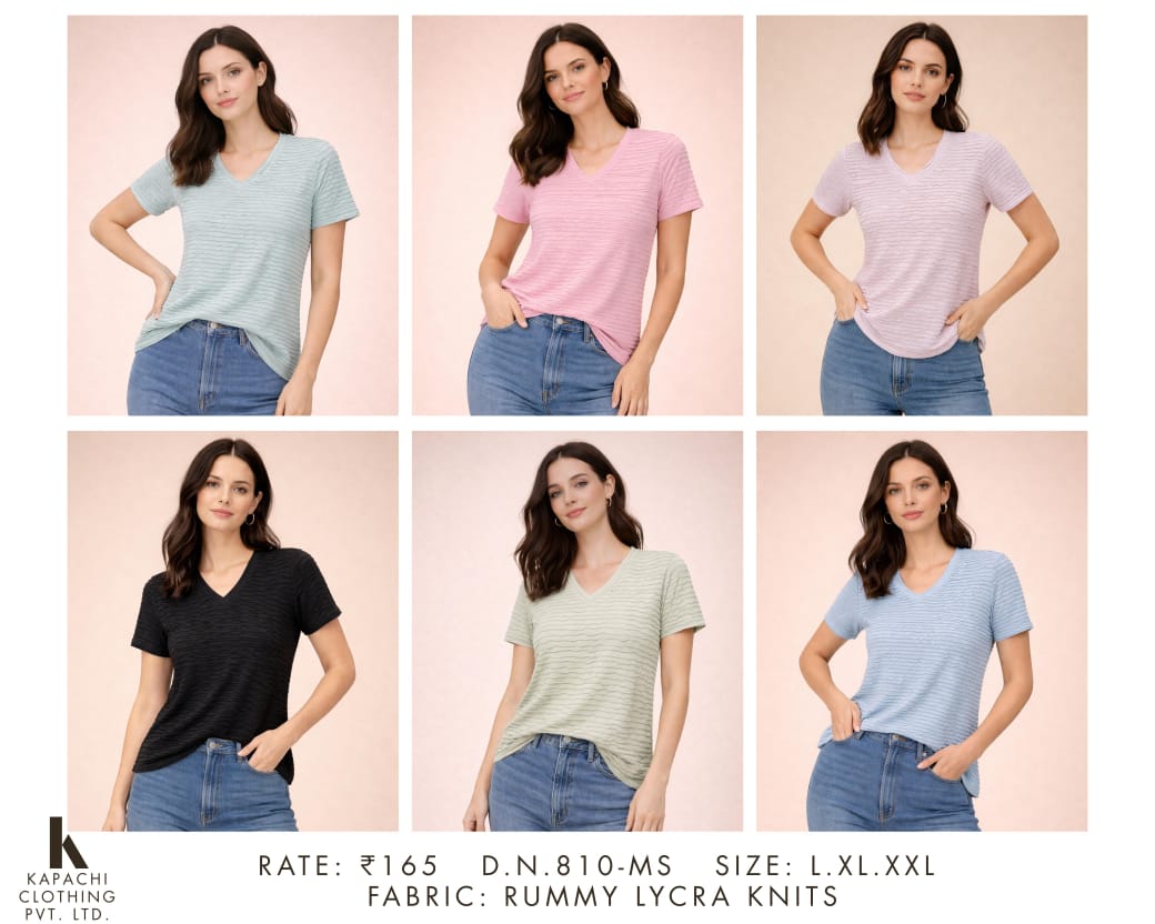 Rummy Lycra Knit V-Neck Stripe Texture Tee | Everyday Casual T-Shirt | Zero+1