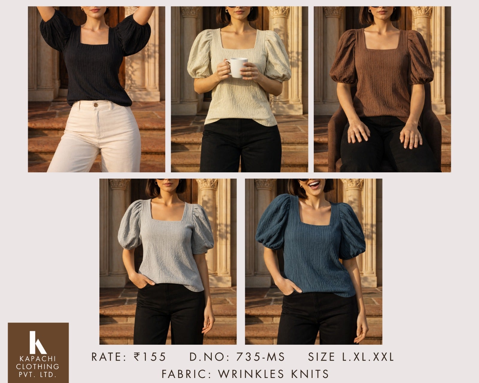 Wrinkle Knit Square Neck Puff Sleeve Top | Casual Ethnic Fusion Blouse  | Miss Kapachi
