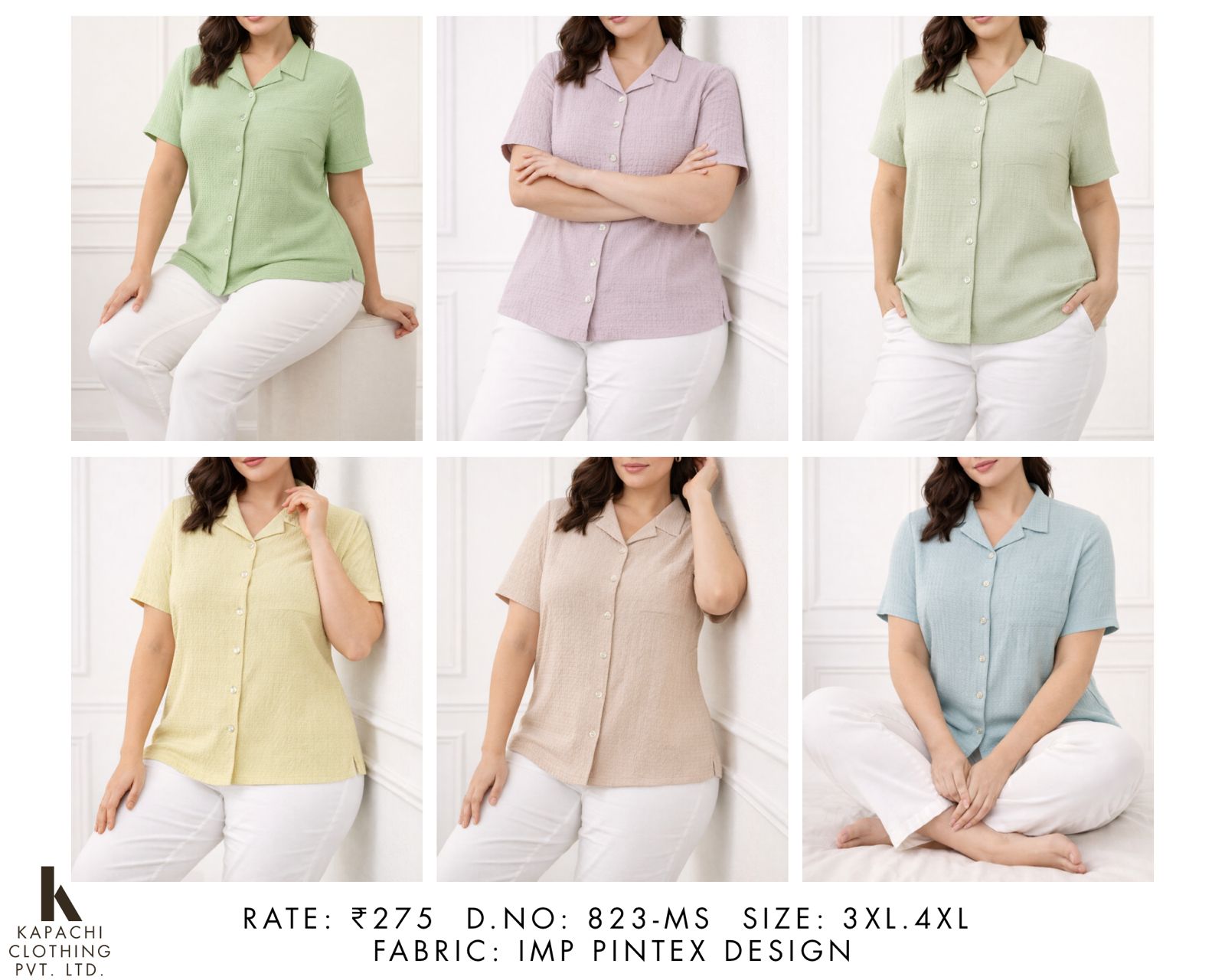 Kapachi 823-MS solid pintex design shirt for women in 6 pastel colours – sage green, lavender, light green, lemon yellow, beige, powder blue – plus sizes 3XL and 4XL