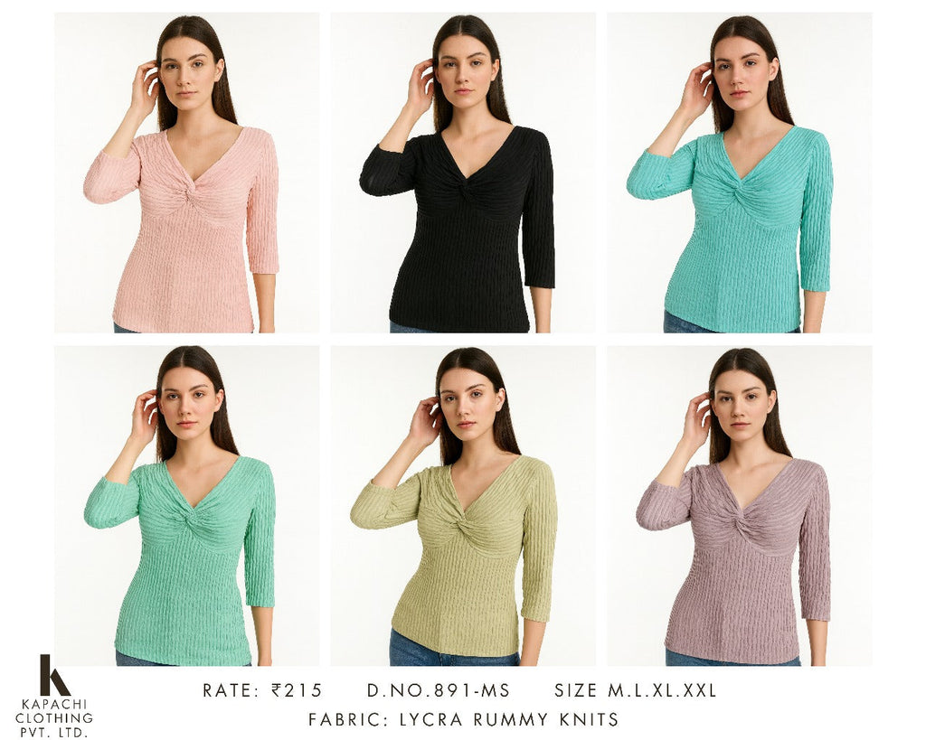 Kapachi 891-MS ribbed lycra rummy knit twist-knot V-neck top for women in 6 colours – blush pink, black, teal, mint green, lemon yellow, dusty mauve – sizes M to 2XL