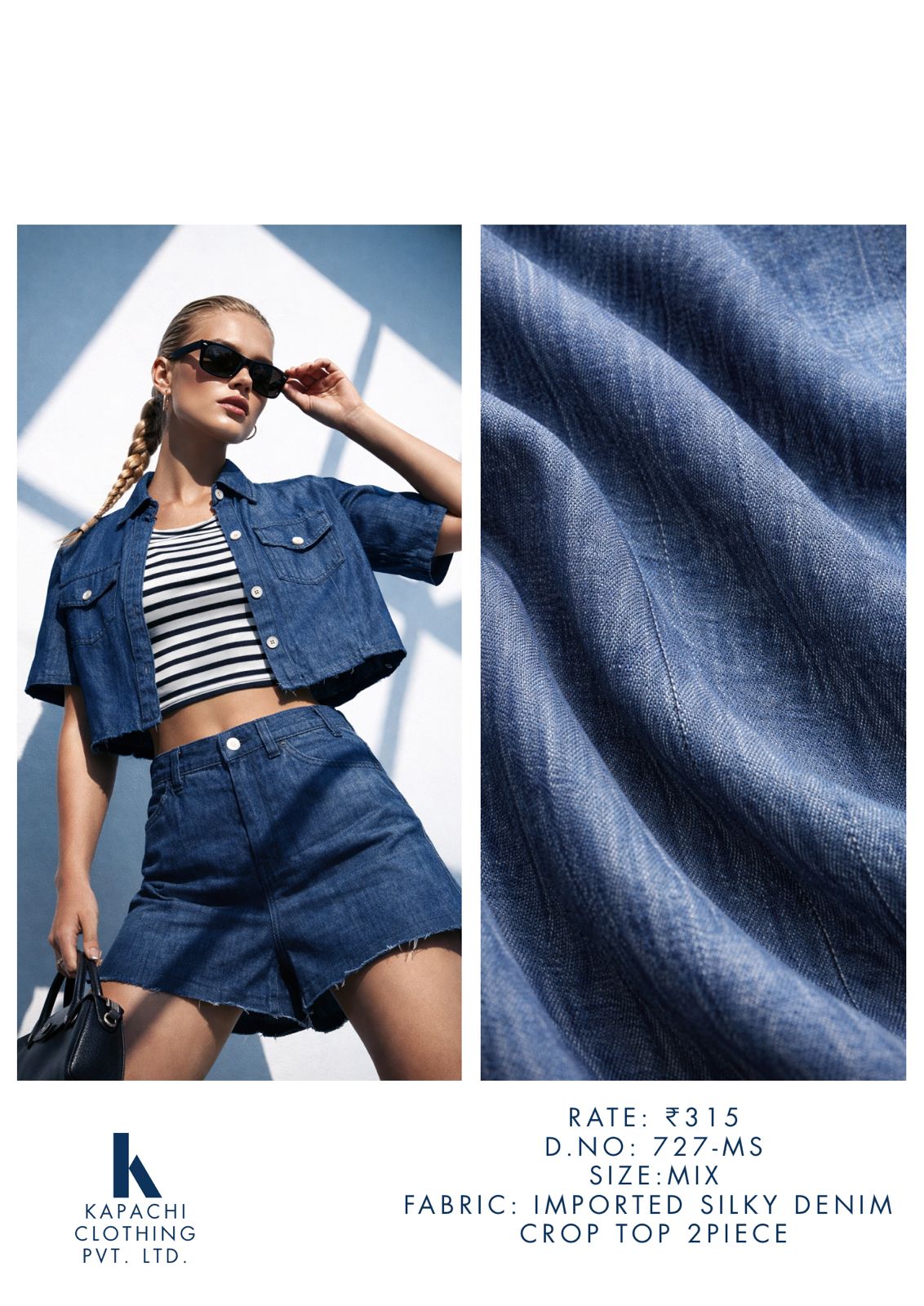 Imported Silky Denim Crop Top 2-Piece Set for Women – Jacket & Shorts | Mix Sizes | Zero+1