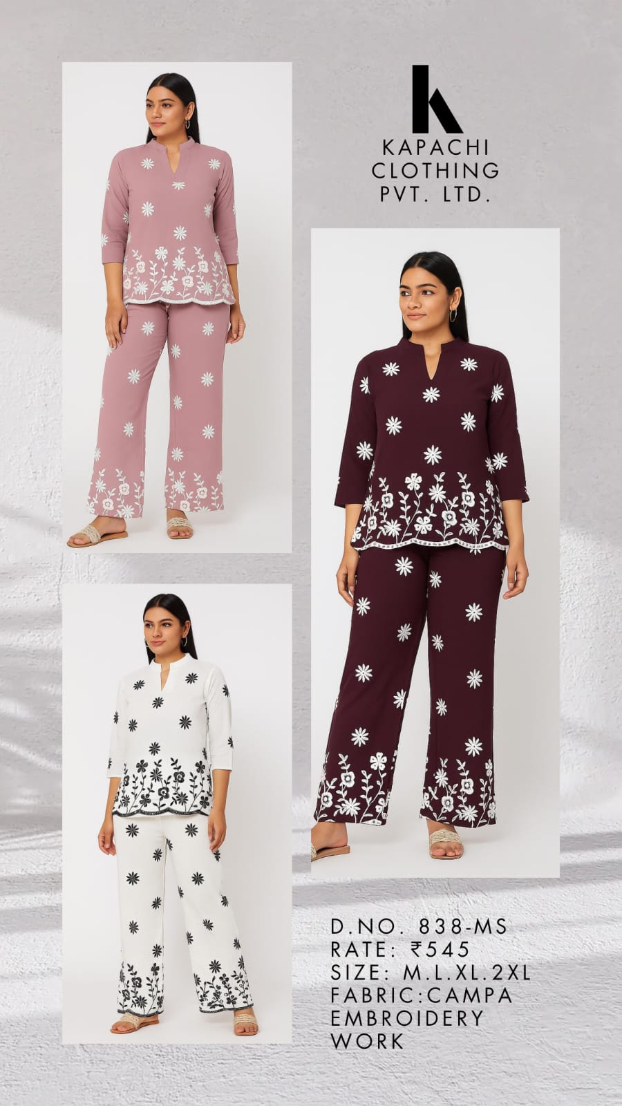 Embroidered Daisy Co-Ord Set for Women | Top & Palazzo | Sizes M L XL 2XL | Zero+1