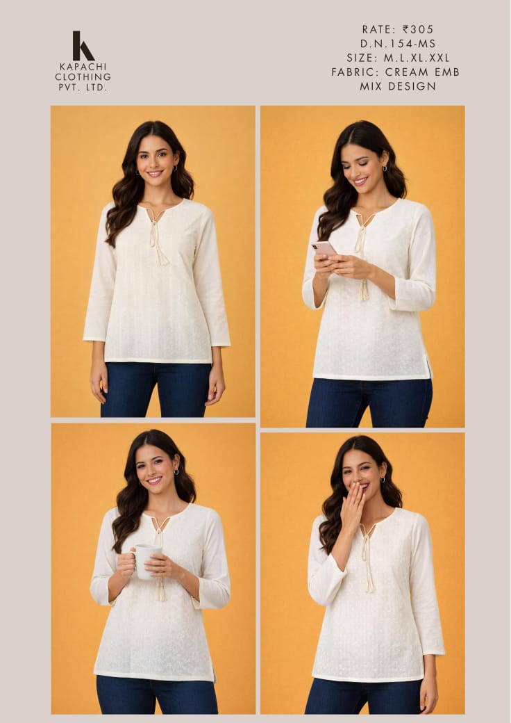 Cream Embroidered Tie-Neck Short Kurti Top | Miss Kapachi