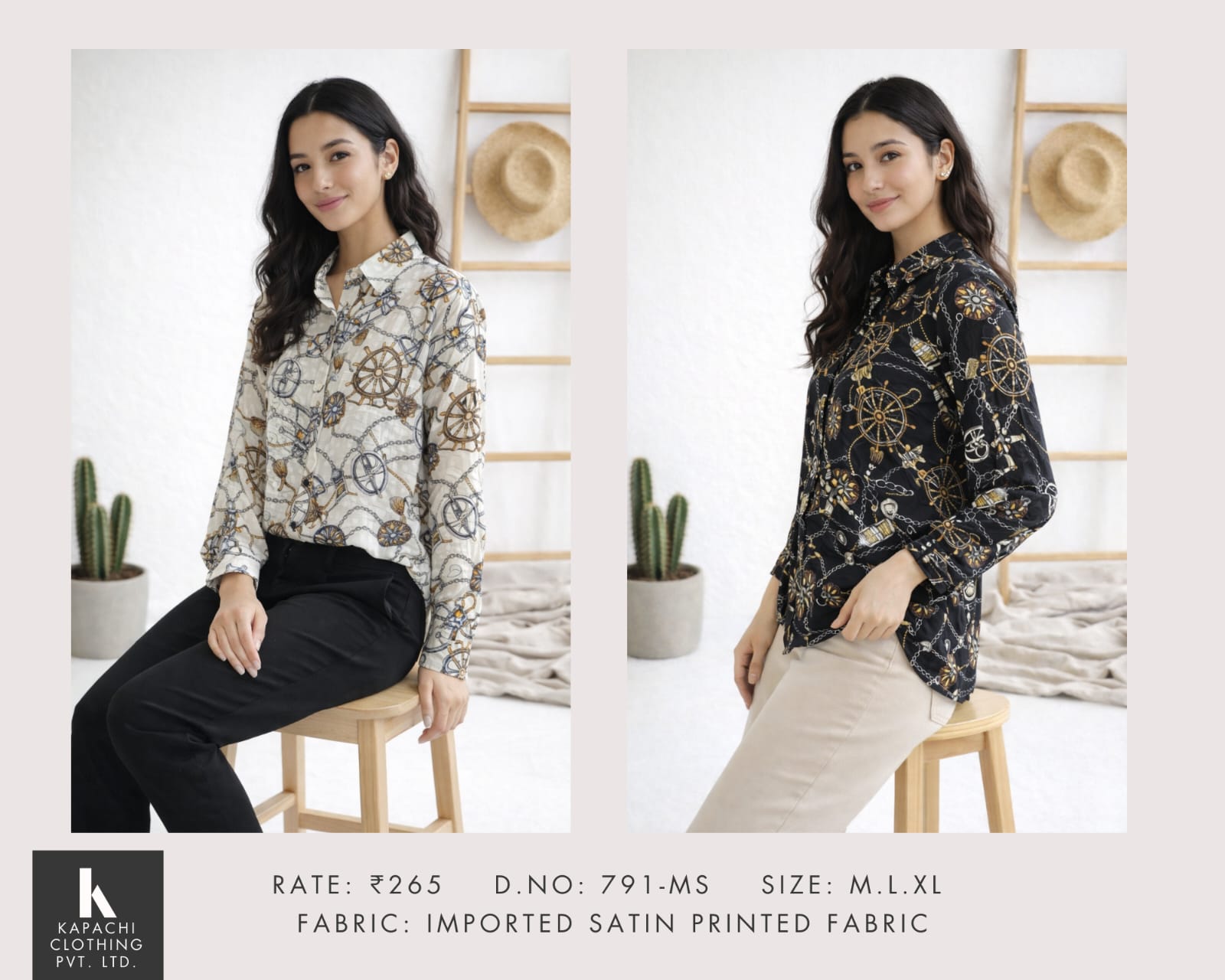 Nautical Chain Print Satin Shirt – Full Sleeve | Imported Satin Fabric | Miss Kapachi