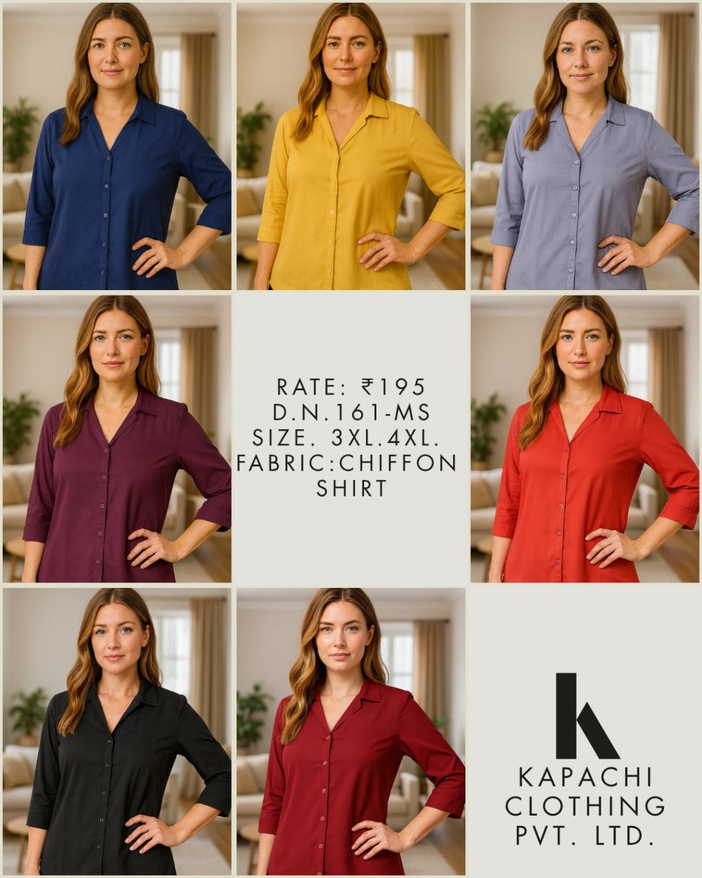 Solid Chiffon Shirt – 3/4 Sleeve | Plus Size 3XL 4XL | Zero+1