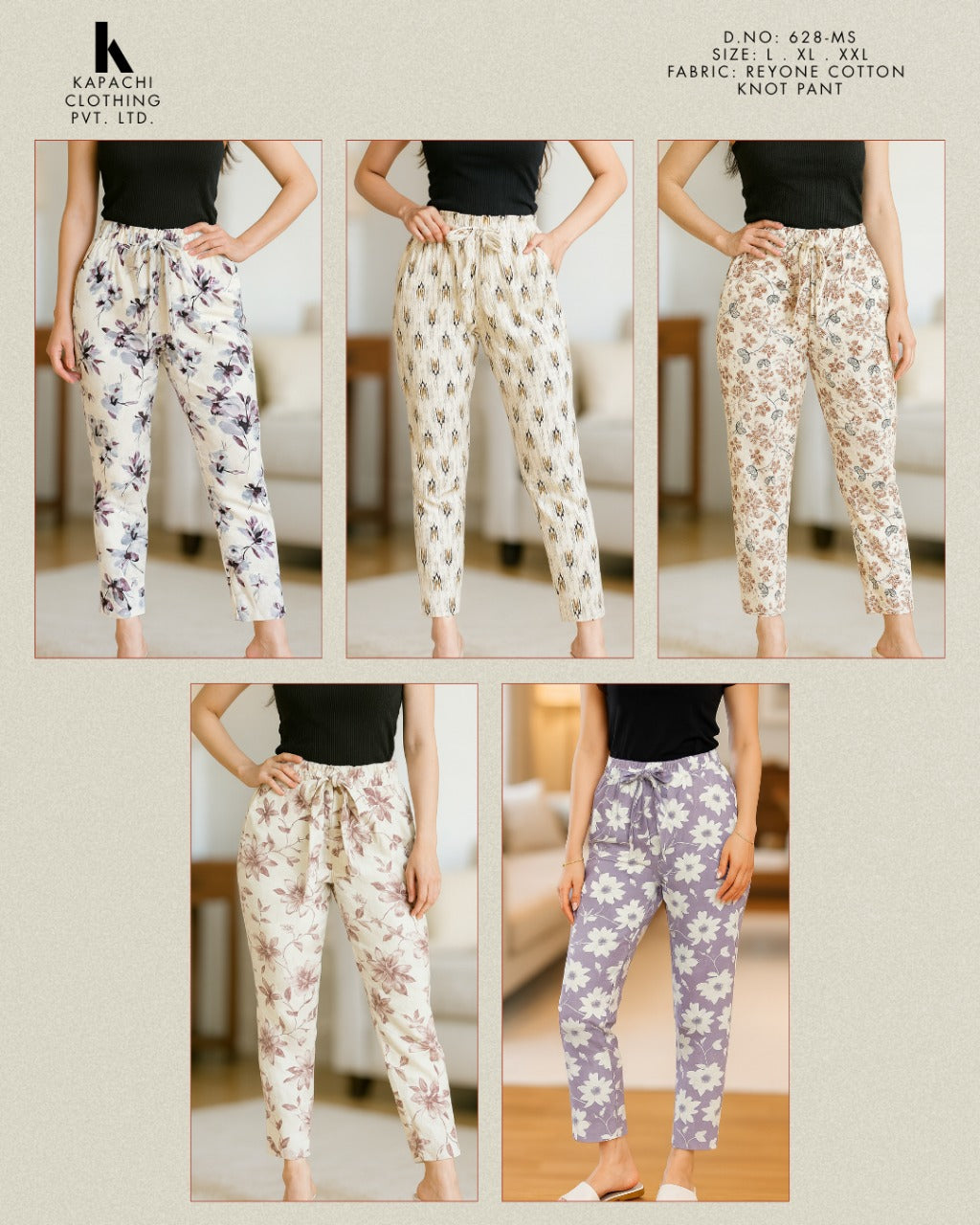 Rayon Cotton Floral Print Knot Pant for Women | Elasticated Waist | D.N. 628-MS | Zero+1
