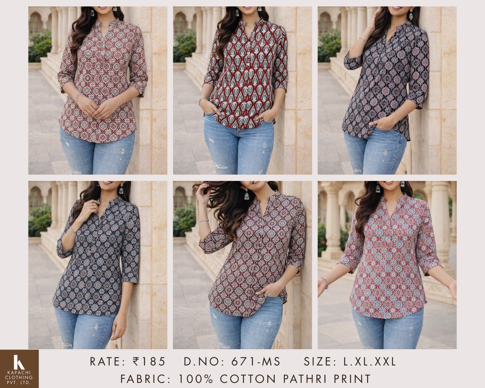 100% Cotton Pathri Print Tunic Top for Women | Mandarin Collar | D.N. 671-MS | Miss Kapachi
