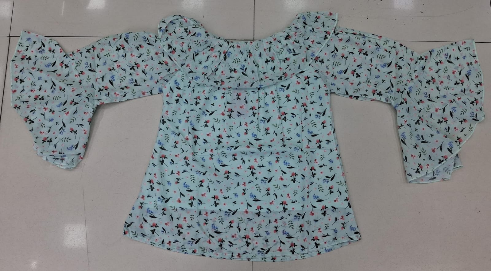 Mint Blue Ditsy Floral Print Bell Sleeve Top for Women | Ruffle Collar | Miss Kapachi