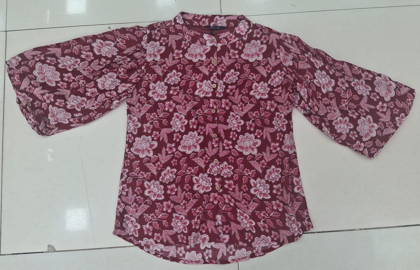 Wine Floral Print Bell Sleeve Shirt for Women | Mandarin Collar | Button Front | Zero+1