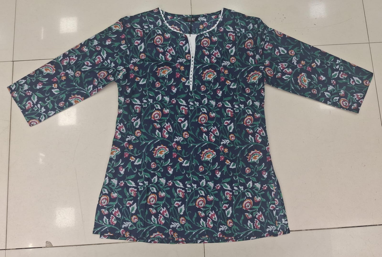 Dark Teal Floral Print Kurti Top for Women | Keyhole Neck | 3/4 Sleeves | Zero+1