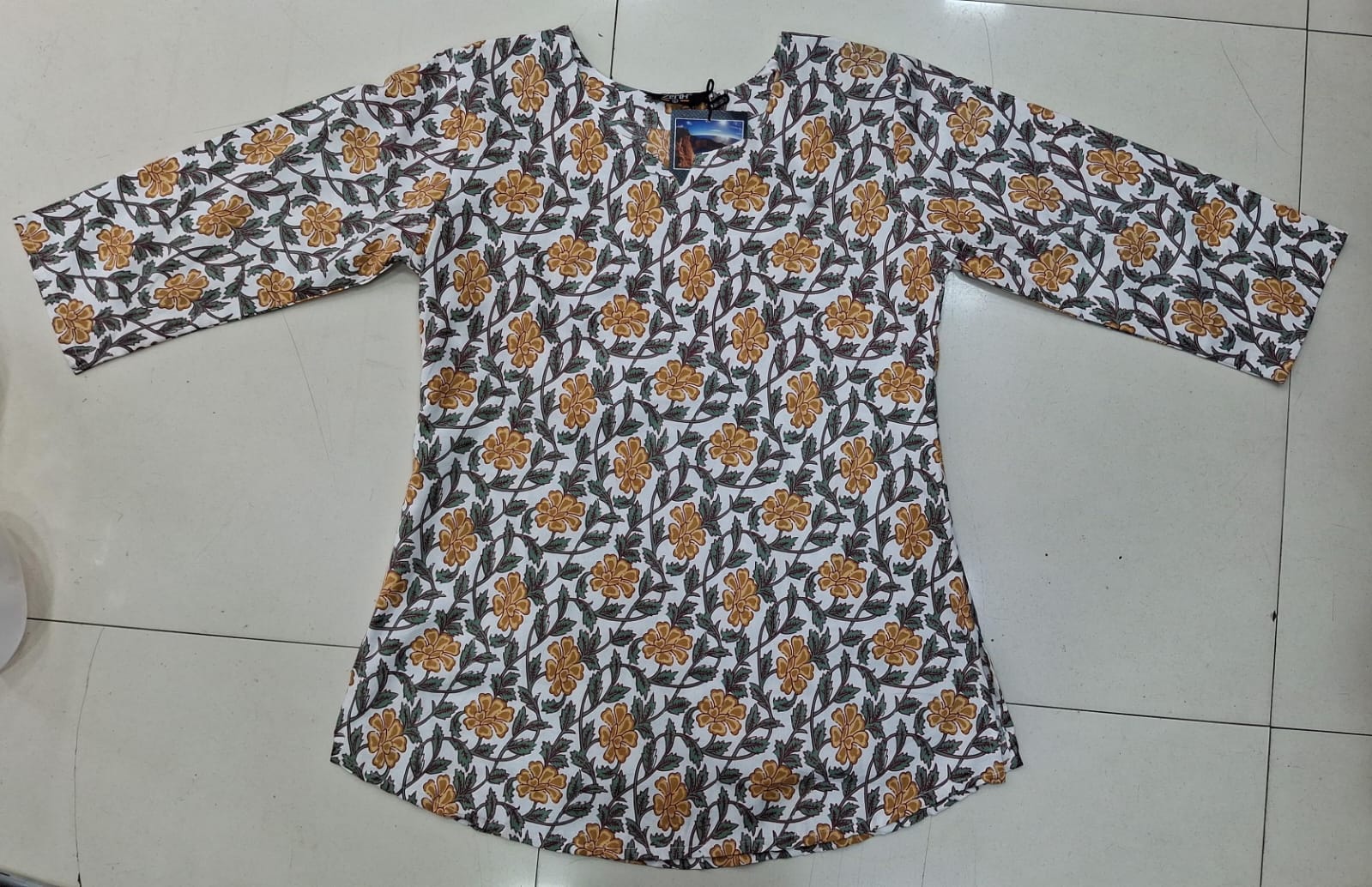 White Mustard Floral Jaal Print Kurti Top for Women | Round Neck | 3/4 Sleeves | Zero+1