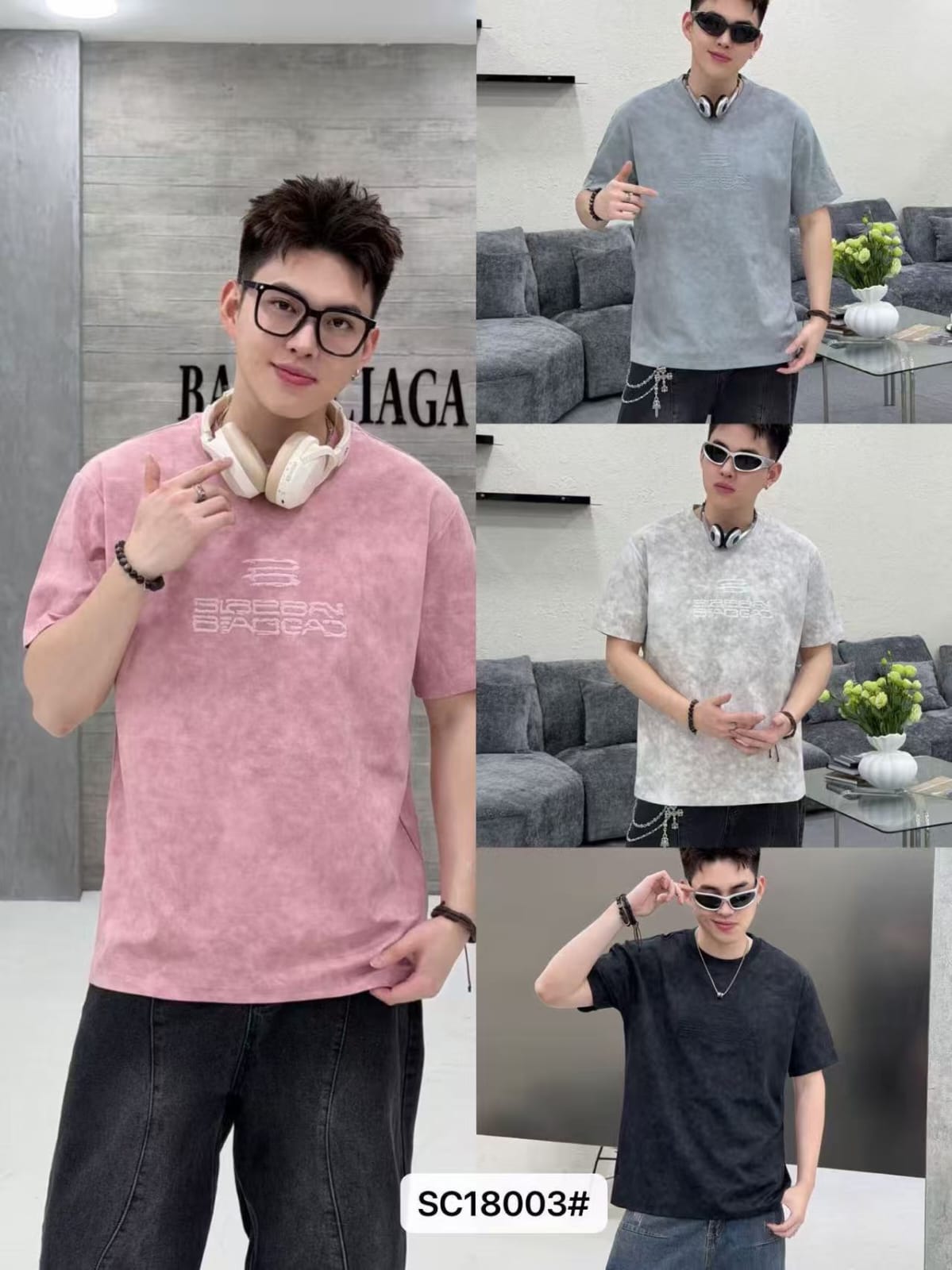 18003 Men's Oversized Acid-Wash Embossed Logo T-Shirt – 4 Colours
