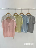Pastel Speckle Henley Neck Button Short Sleeve Top | Soft Knit Casual Everyday Tee