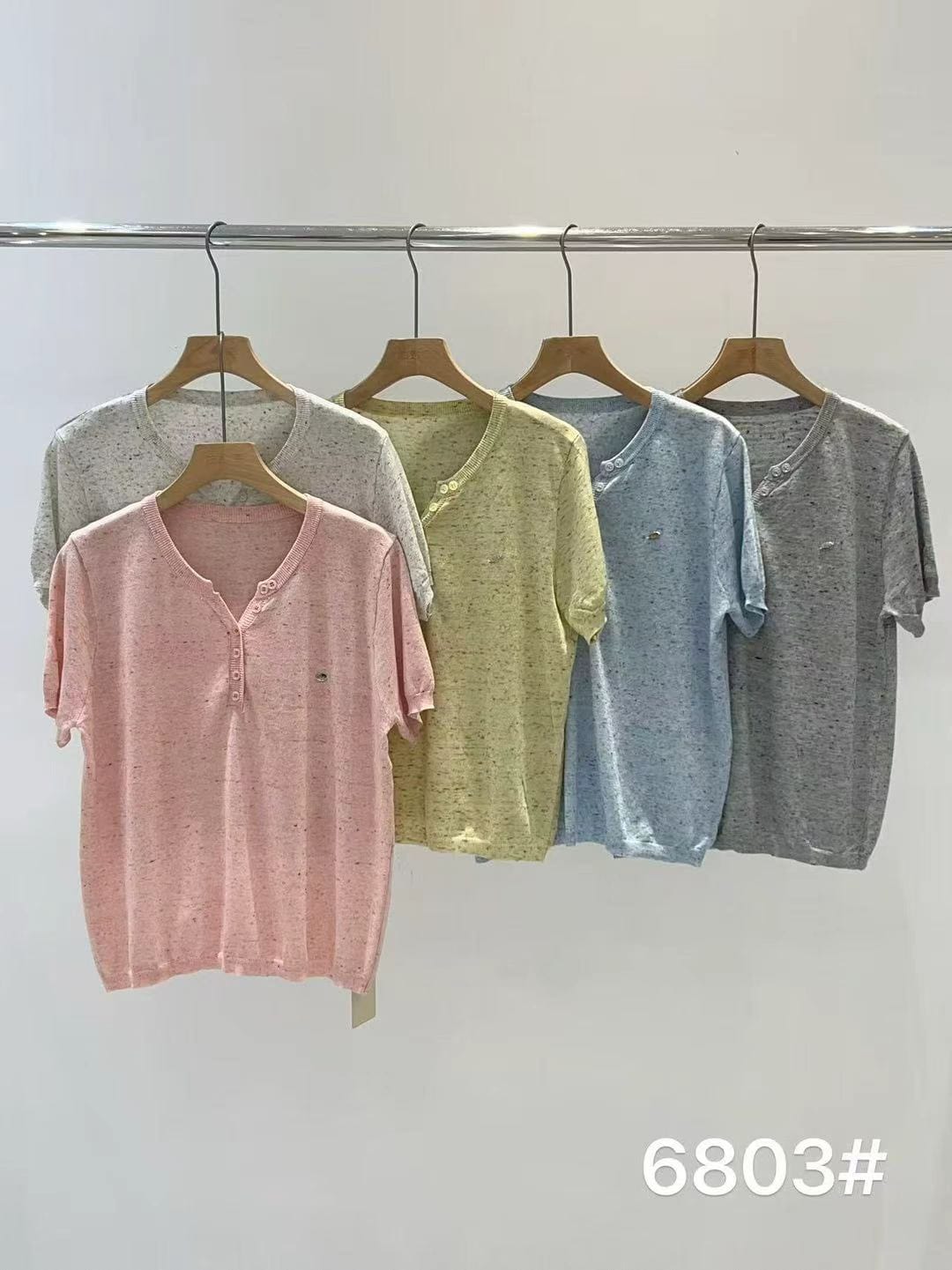 Pastel Speckle Henley Neck Button Short Sleeve Top | Soft Knit Casual Everyday Tee