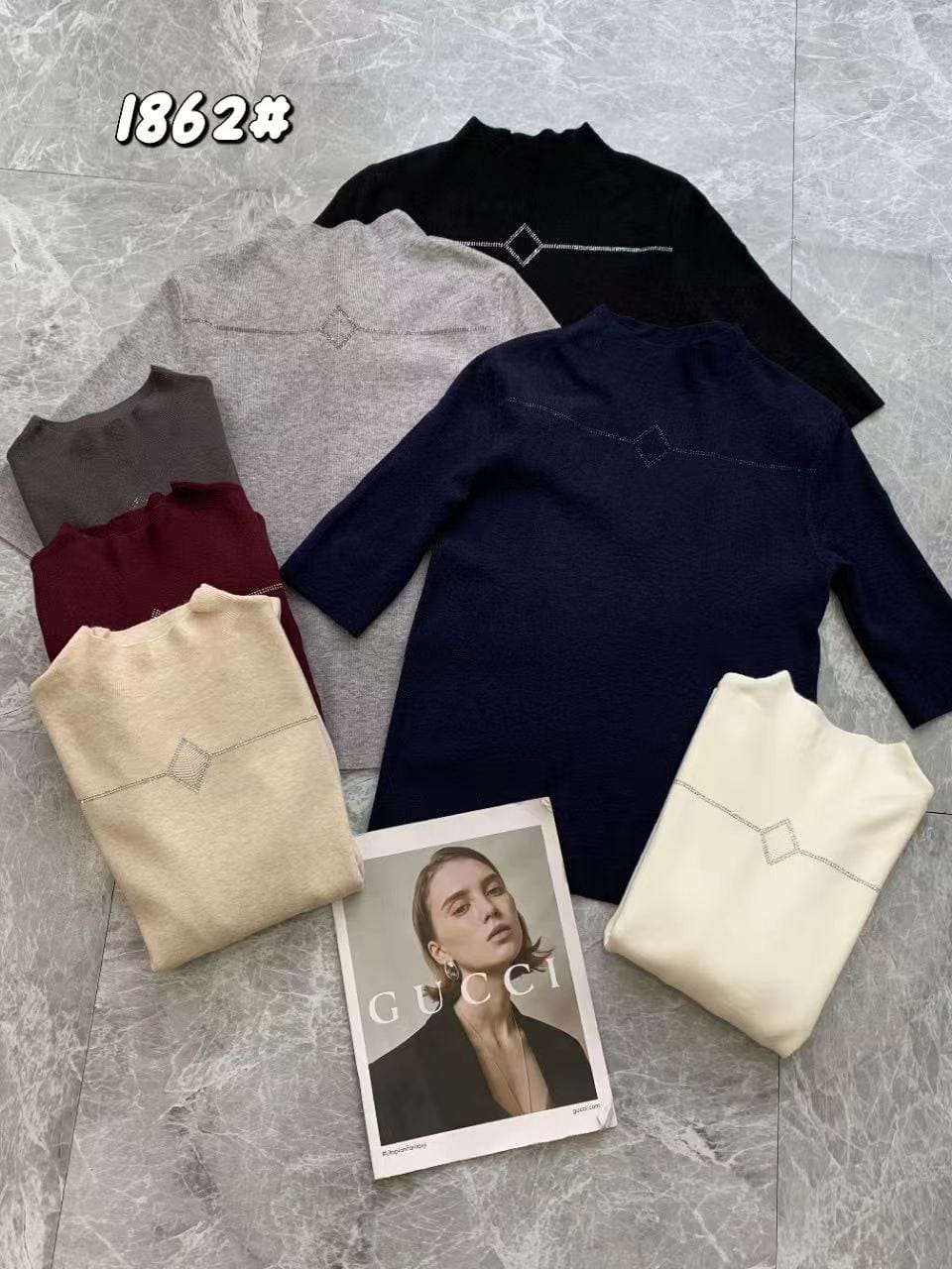 Mock Neck Rhinestone Chain Detail Ribbed Knit Top | Half Sleeve Slim Fit Tee for Women | 7 Colours