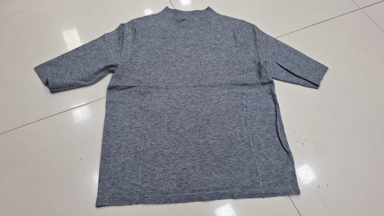 Grey Melange Mock Neck Textured Knit Top | Half Sleeve Relaxed Fit Casual Tee for Women