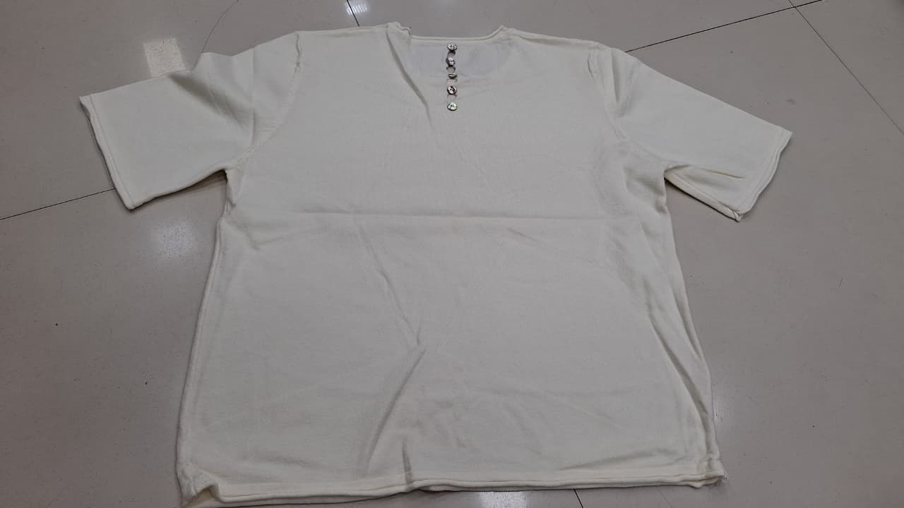 Off-White V-Neck Henley Jewel Button Knit Top | Short Sleeve Relaxed Fit Casual Tee for Women