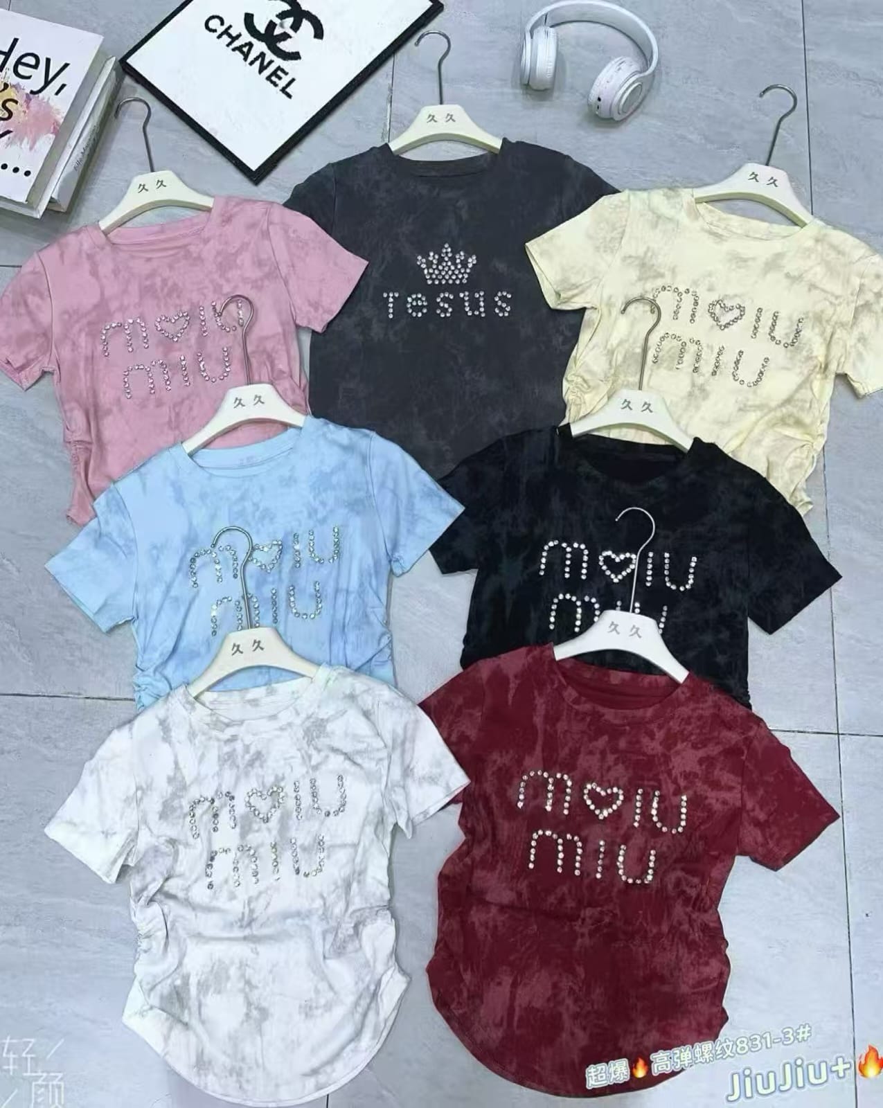 Rhinestone Letter Print Tie-Dye Crop Tee | Short Sleeve Round Neck Casual Top for Women | 7 Colours