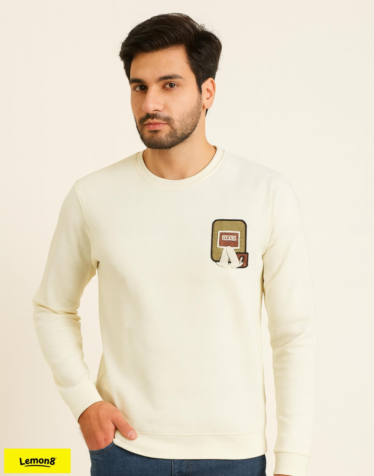 Men's Cream Embroidered Patch Sweatshirt | Casual Winter Pullover | Lemon8