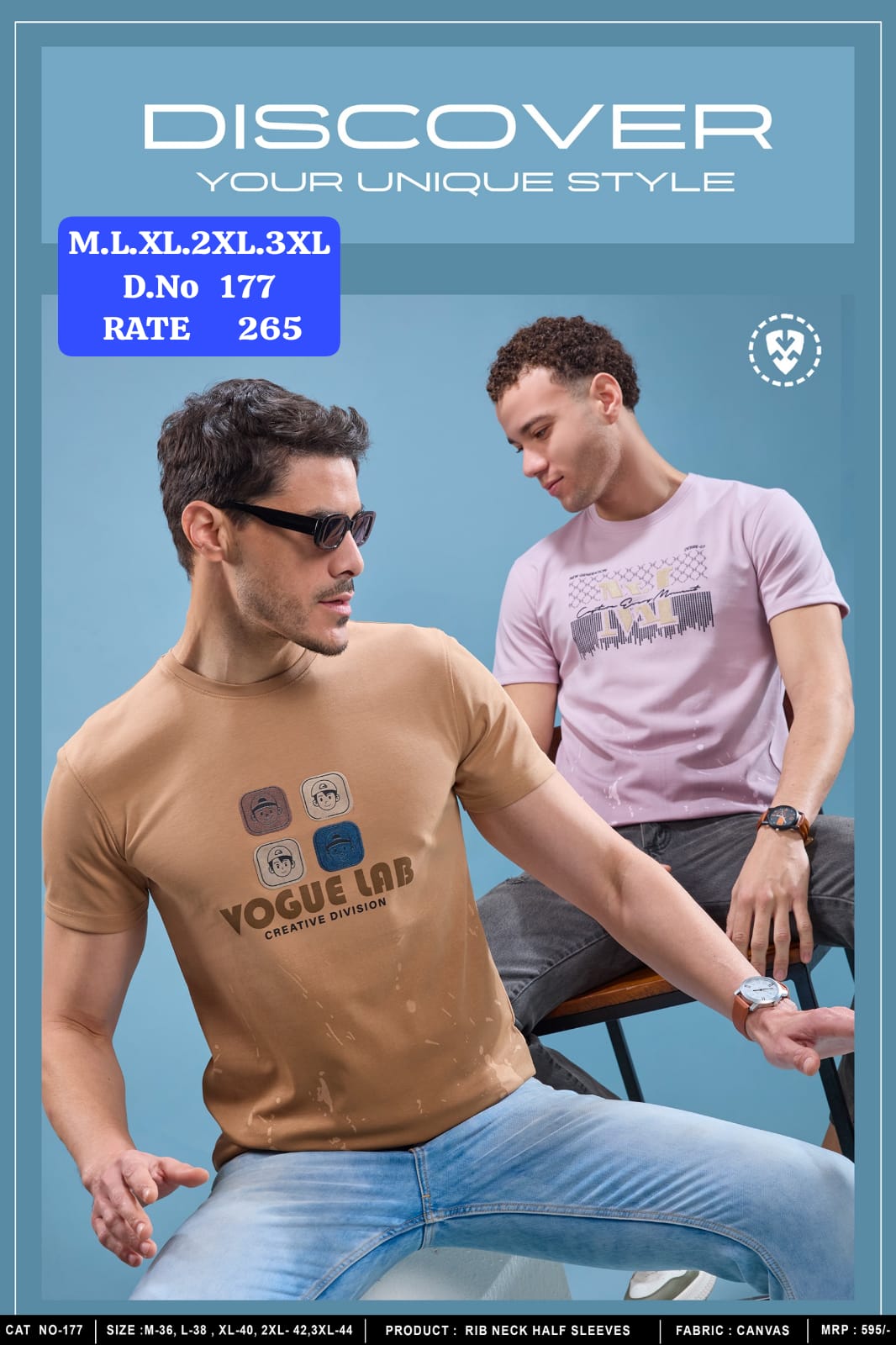 Men's Rib Neck Half Sleeve T-Shirt | Canvas Fabric | D.No. 177-UP