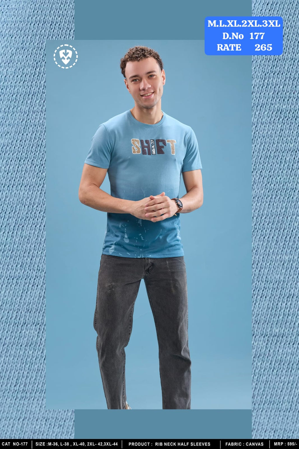 Men's Rib Neck Half Sleeve T-Shirt | Canvas Fabric | D.No. 177-UP