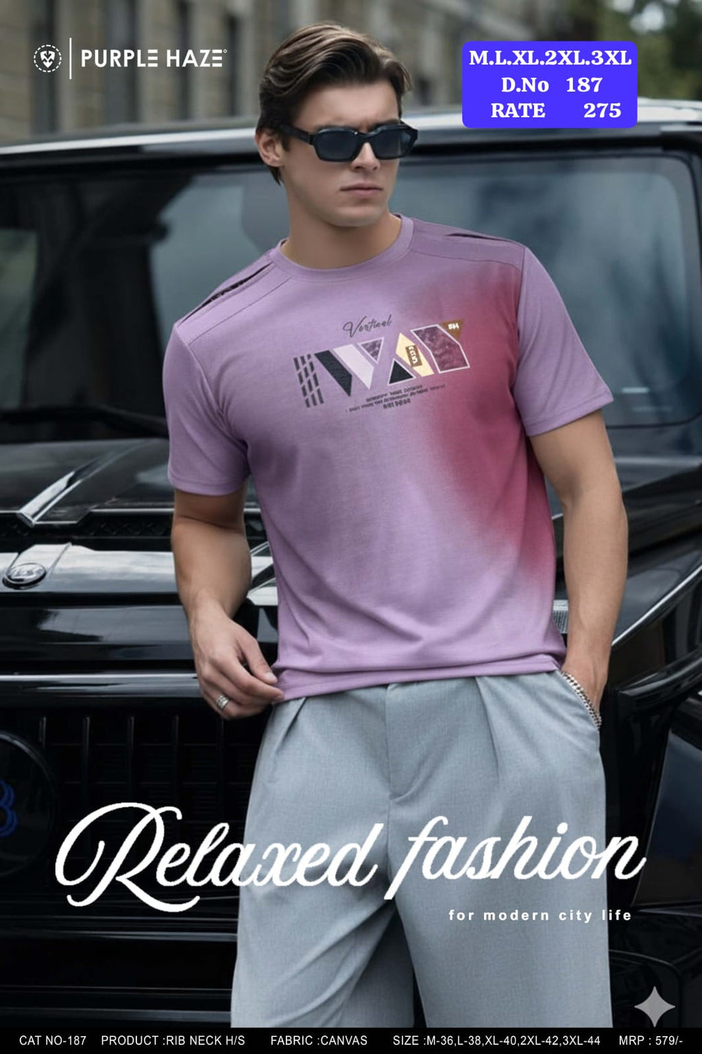 Purple Haze Men's Rib Neck Half Sleeve T-Shirt | Canvas Fabric | D.No. 187-UP