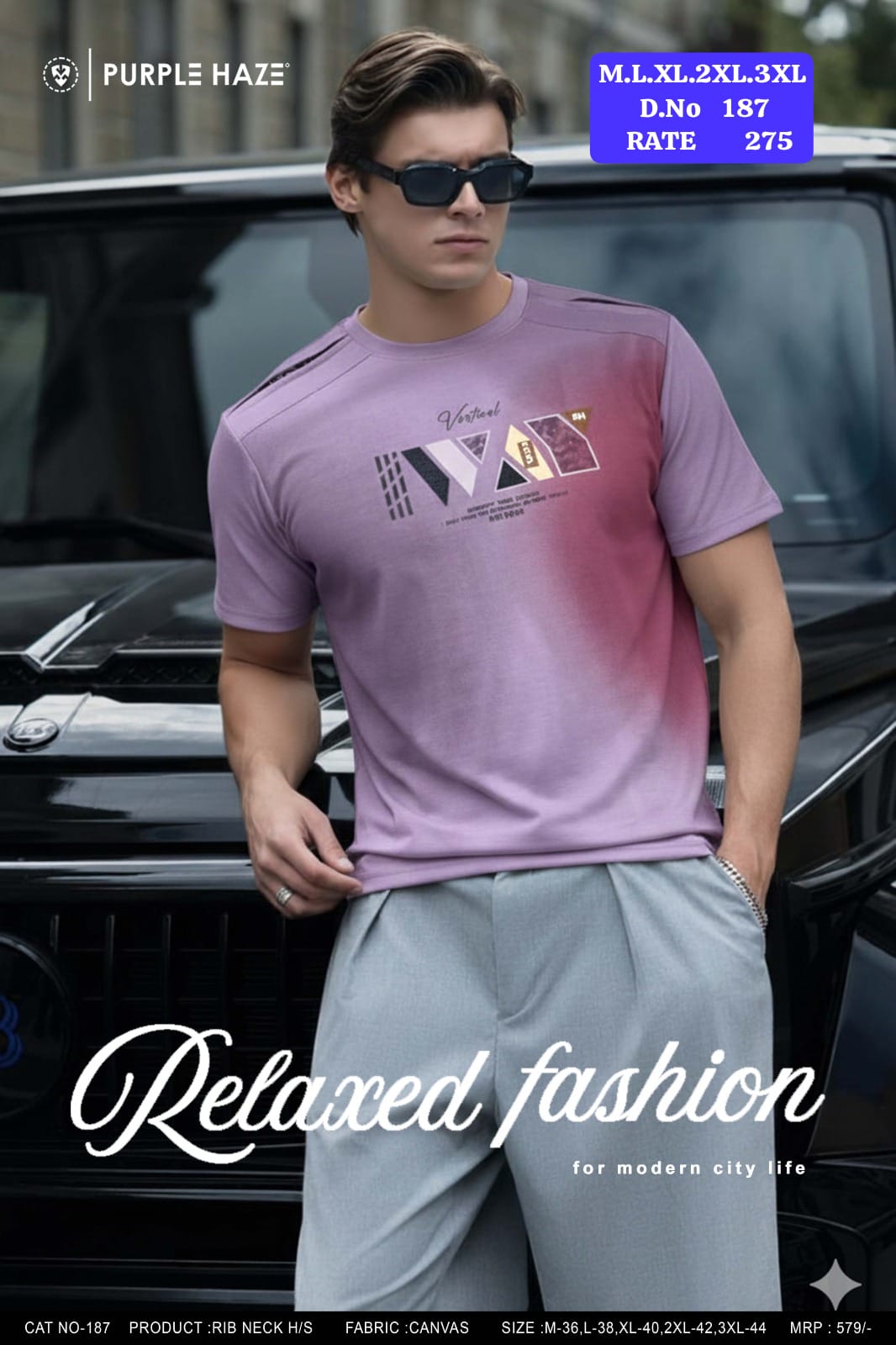 Purple Haze Men's Rib Neck Half Sleeve T-Shirt | Canvas Fabric | D.No. 187-UP