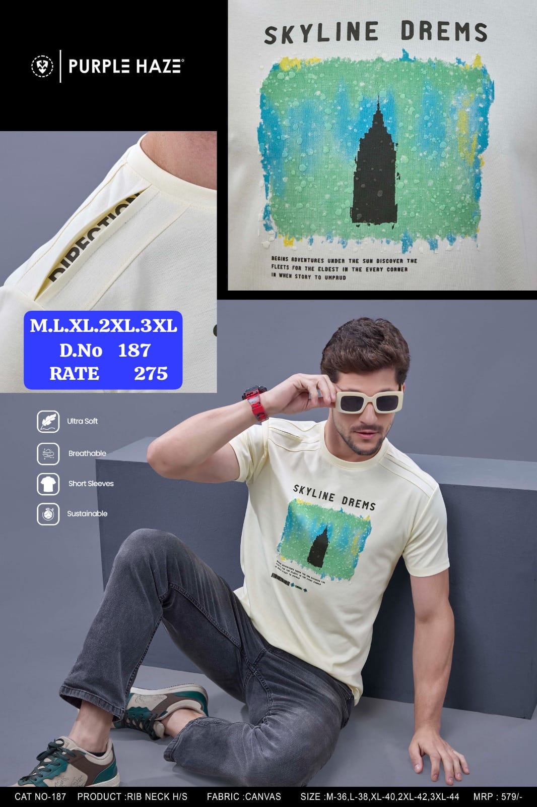 Purple Haze Men's Rib Neck Half Sleeve T-Shirt | Canvas Fabric | D.No. 187-UP