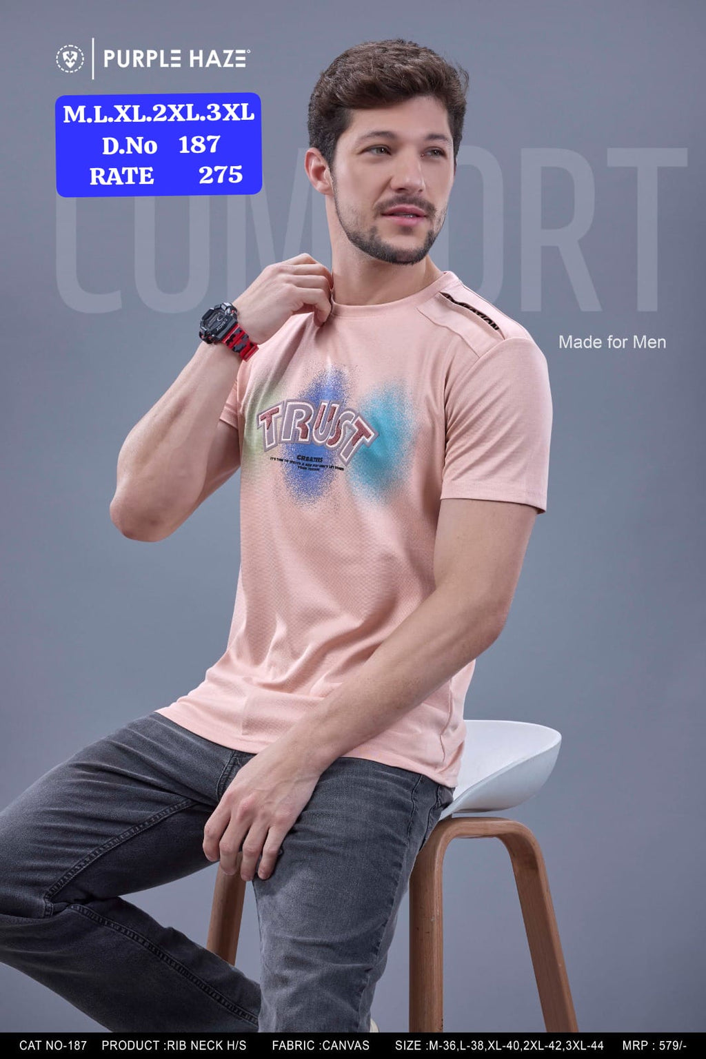 Purple Haze Men's Rib Neck Half Sleeve T-Shirt | Canvas Fabric | D.No. 187-UP