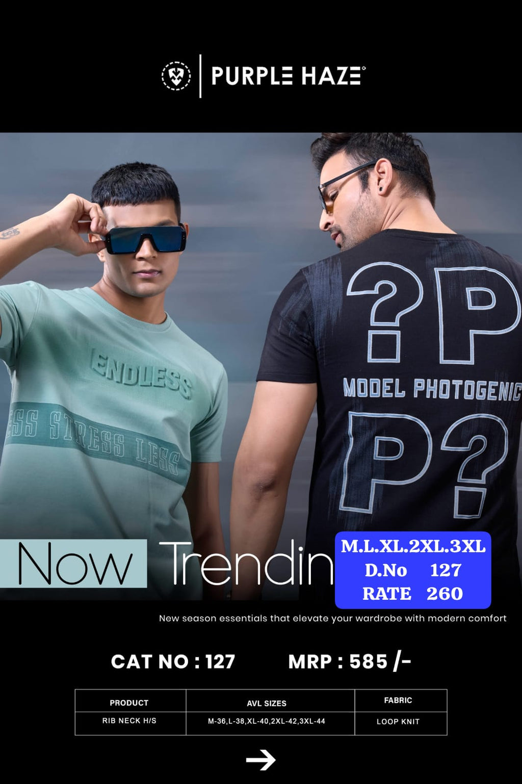 Men's Rib Neck Half Sleeve T-Shirt | Loop Knit Fabric | D.No. 127-UP