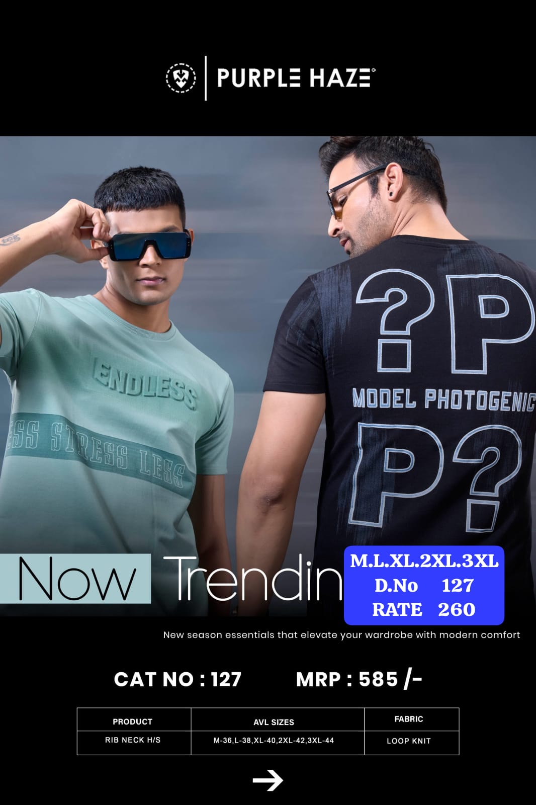 Men's Rib Neck Half Sleeve T-Shirt | Loop Knit Fabric | D.No. 127-UP