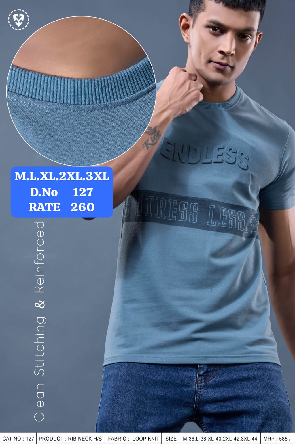Men's Rib Neck Half Sleeve T-Shirt | Loop Knit Fabric | D.No. 127-UP
