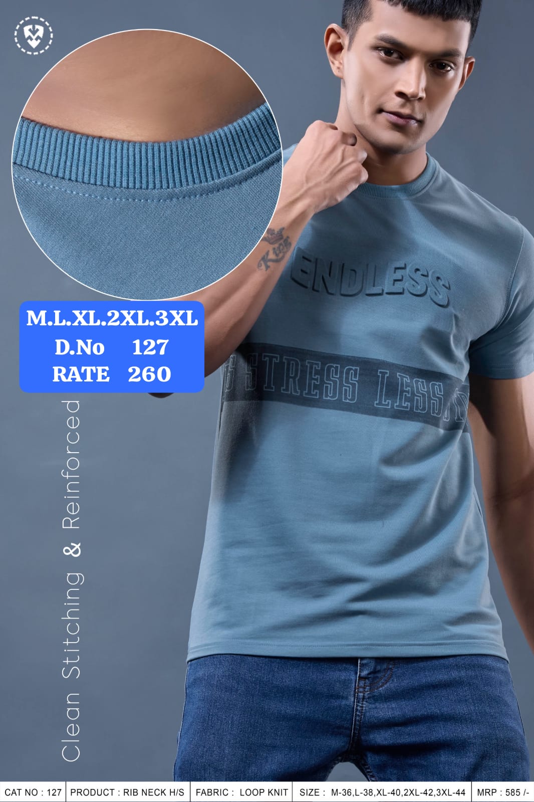 Men's Rib Neck Half Sleeve T-Shirt | Loop Knit Fabric | D.No. 127-UP