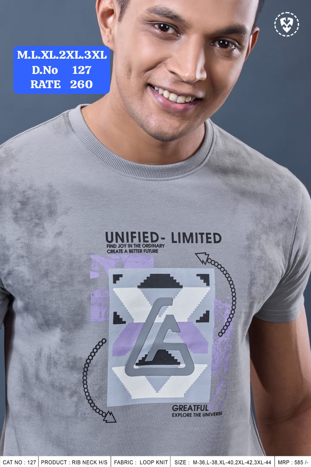 Men's Rib Neck Half Sleeve T-Shirt | Loop Knit Fabric | D.No. 127-UP