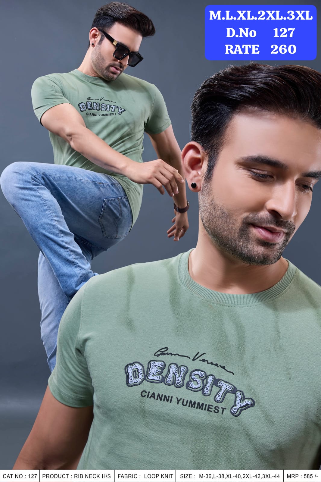 Men's Rib Neck Half Sleeve T-Shirt | Loop Knit Fabric | D.No. 127-UP