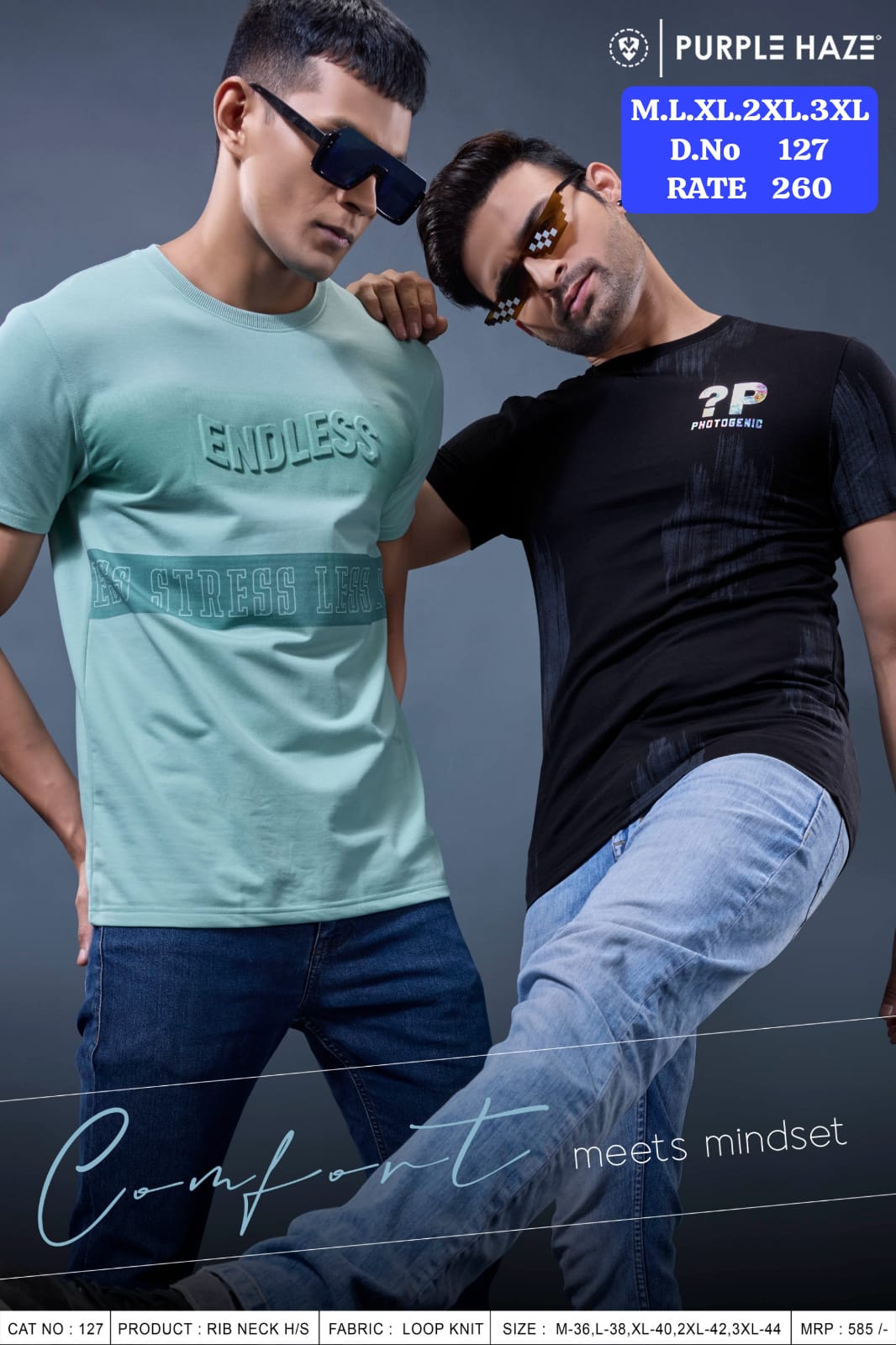 Men's Rib Neck Half Sleeve T-Shirt | Loop Knit Fabric | D.No. 127-UP