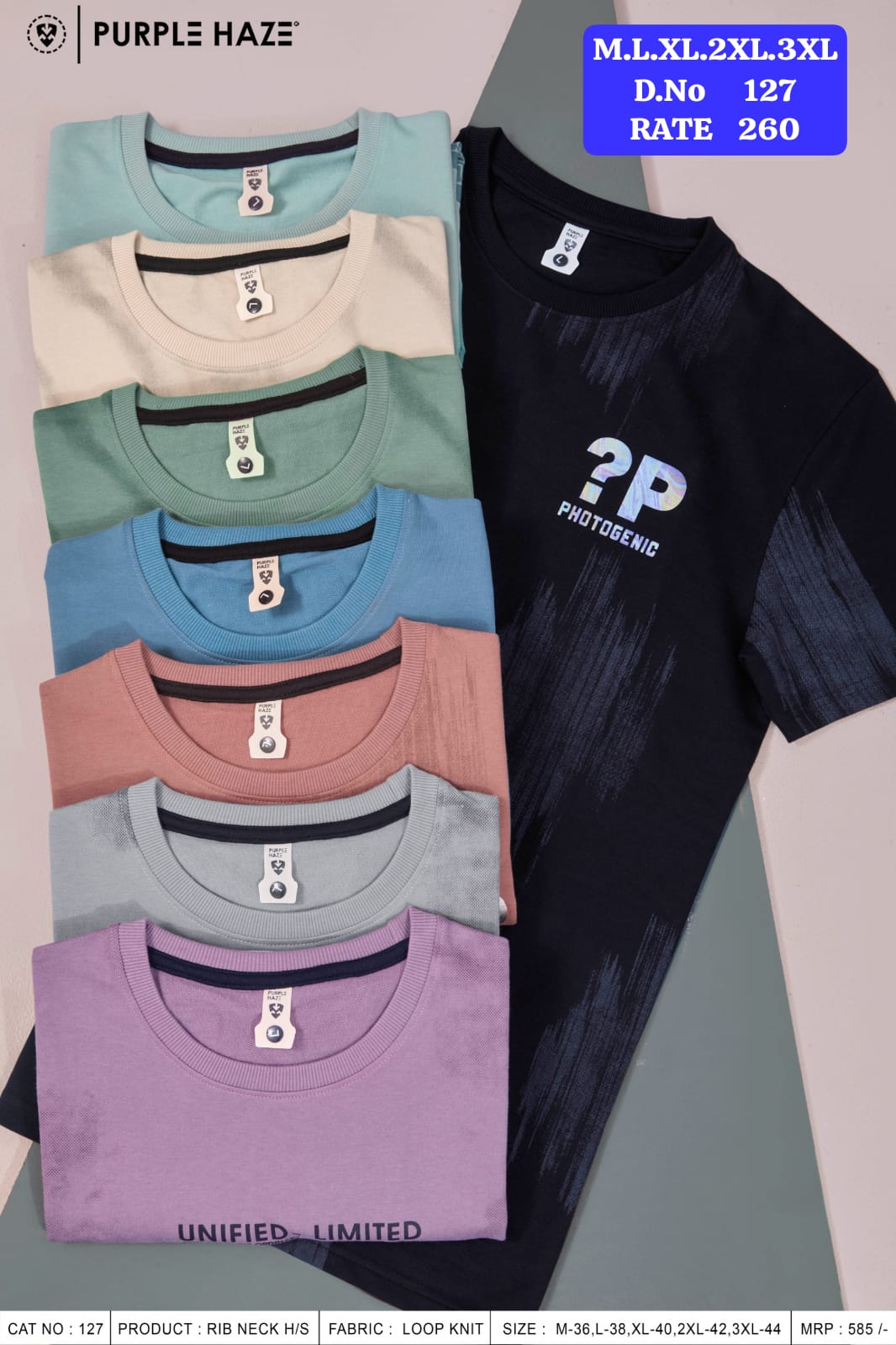 Men's Rib Neck Half Sleeve T-Shirt | Loop Knit Fabric | D.No. 127-UP