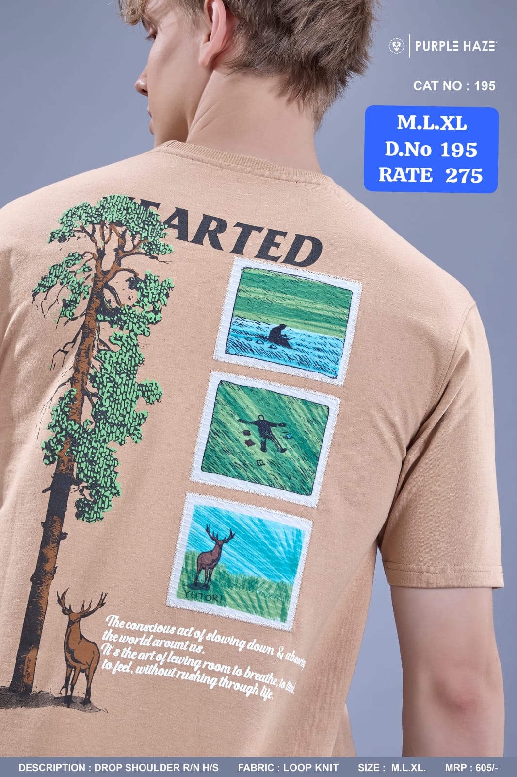 Men's Drop Shoulder Back Printed T-Shirt | Loop Knit Round Neck Half Sleeve | D.No 195-PH