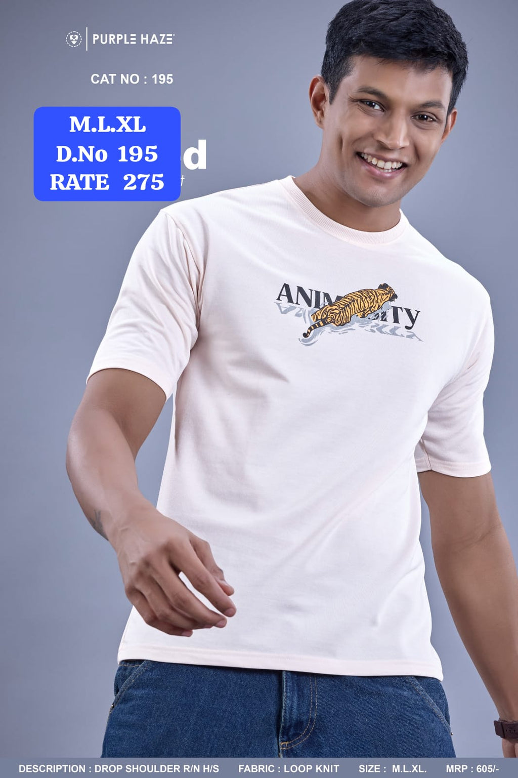 Men's Drop Shoulder Back Printed T-Shirt | Loop Knit Round Neck Half Sleeve | D.No 195-PH