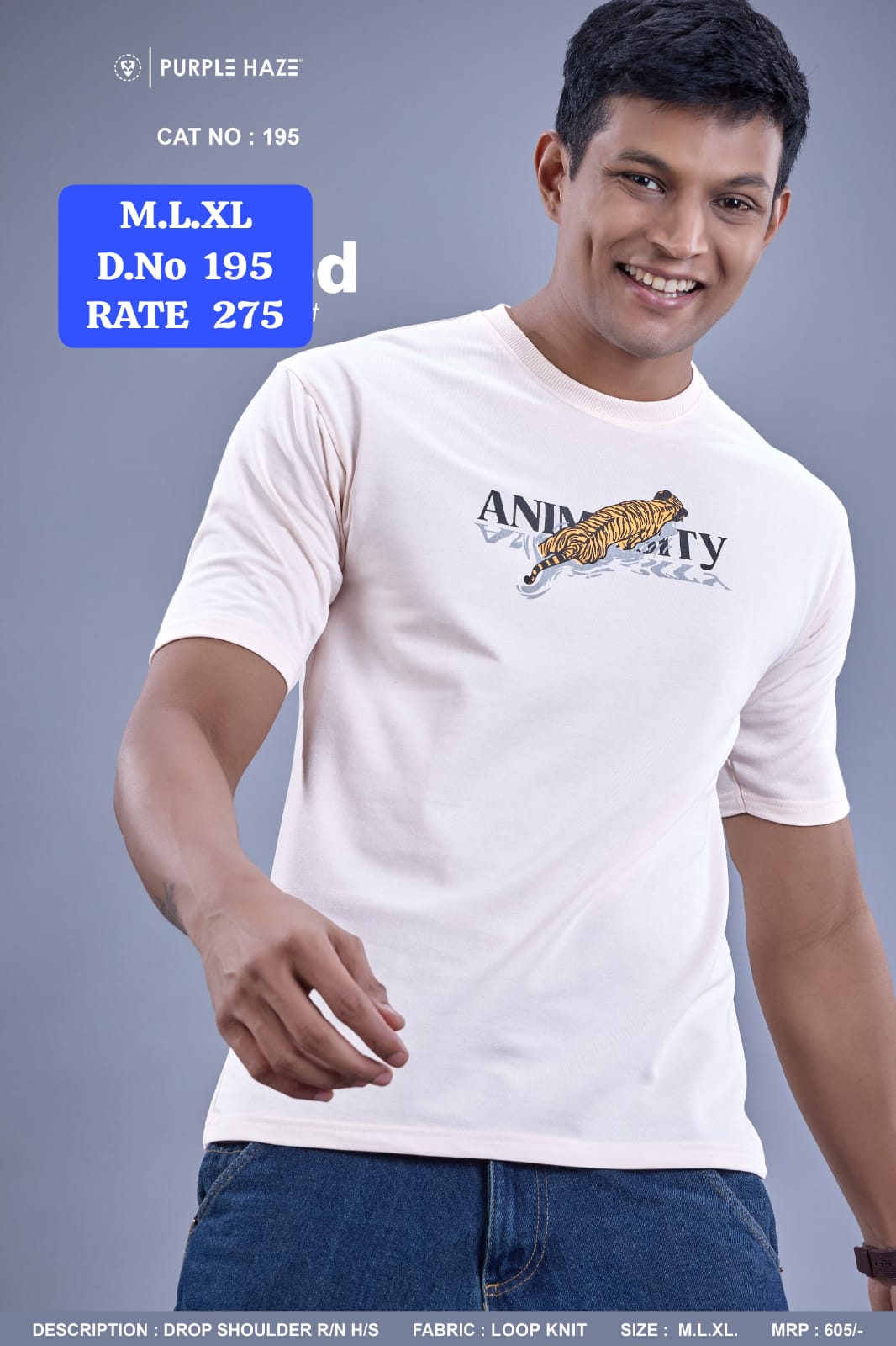 Men's Drop Shoulder Back Printed T-Shirt | Loop Knit Round Neck Half Sleeve | D.No 195-PH