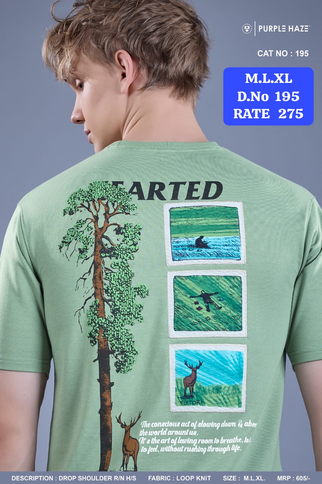 Men's Drop Shoulder Back Printed T-Shirt | Loop Knit Round Neck Half Sleeve | D.No 195-PH