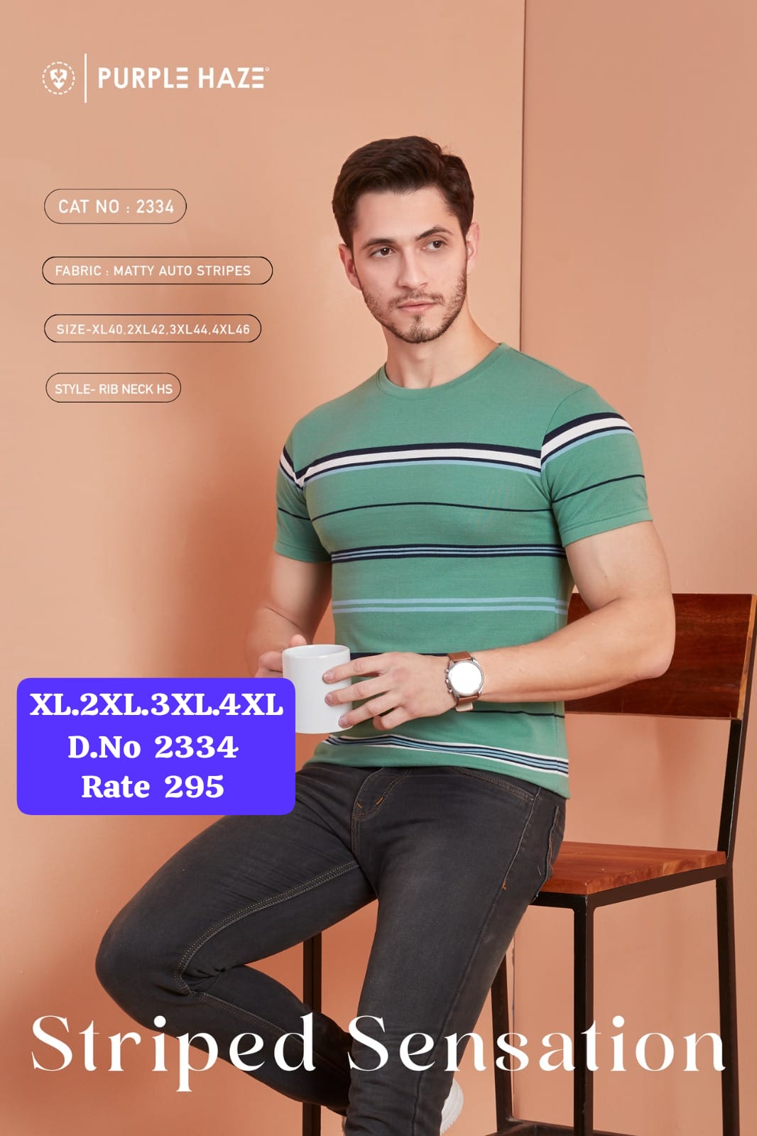 Men's Matty Auto Stripes Rib Neck T-Shirt | Half Sleeve | Cat No. 2334-JG