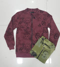 Men's AOP Grunge Smiley Full-Zip Bomber Sweatshirt Jacket | Wine & Olive | Purple Haze