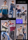 Men's Course Knit Colour Block Stripe Rib Neck Full Sleeve T-Shirt | Purple Haze