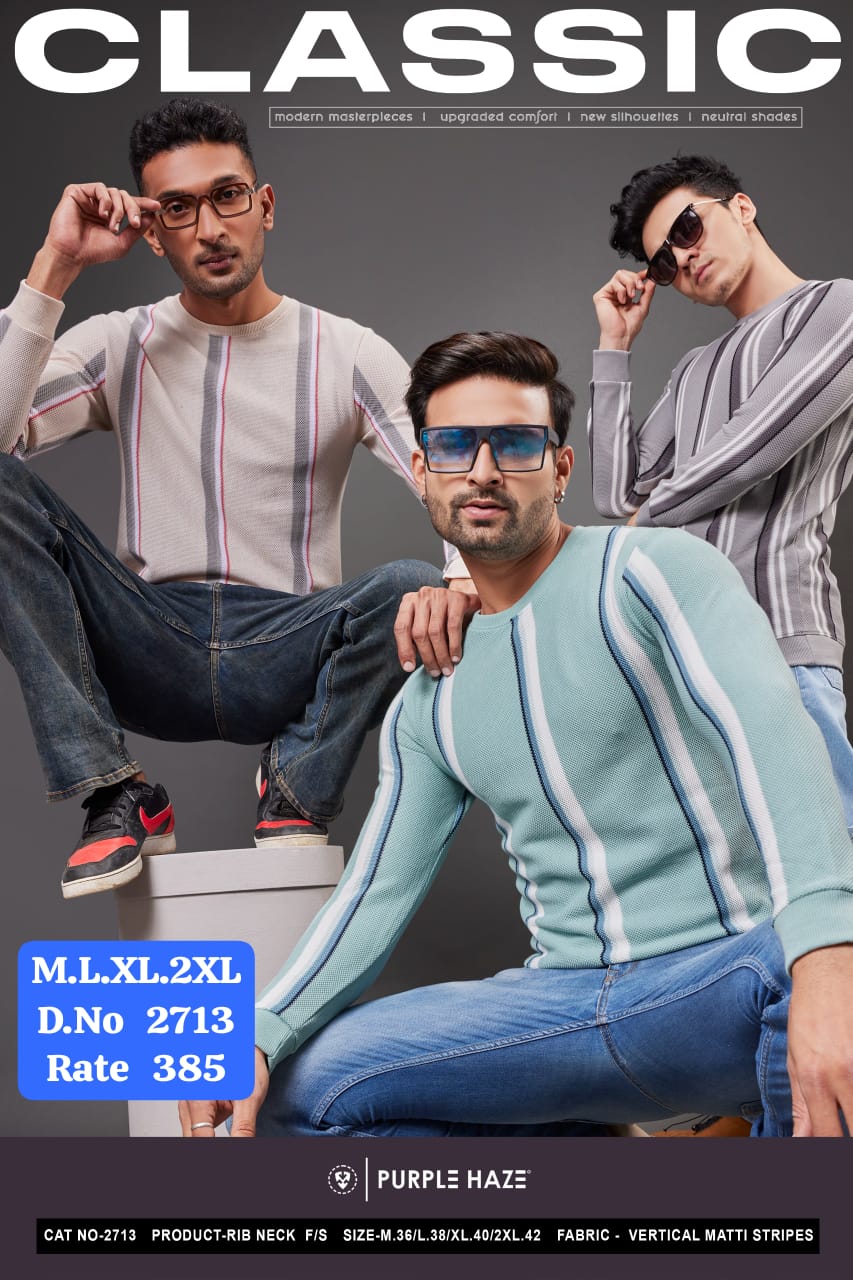 Men's Vertical Matti Stripe Rib Neck Full Sleeve T-Shirt | Classic | Purple Haze