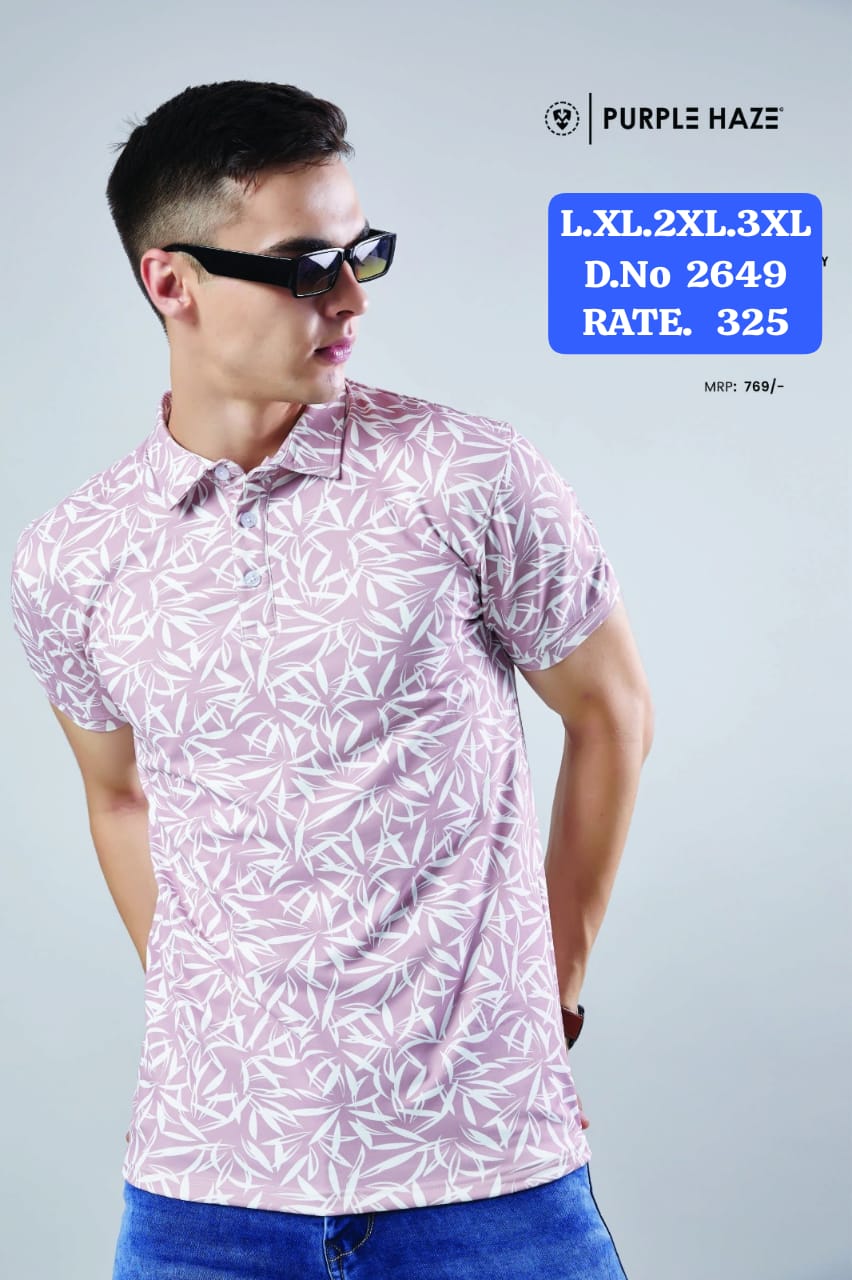 Men's Botanical All-Over Print Polo T-Shirt | Blush Pink | Half Sleeve | Purple Haze